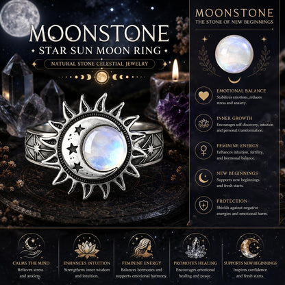 Moonstone star sun moon ring with celestial design and moonstone properties on a dark background.