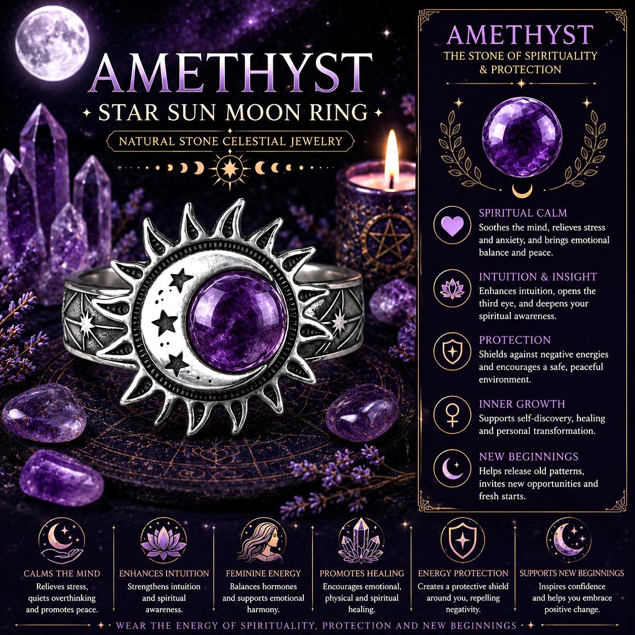 Amethyst star sun moon ring with celestial jewelry information on a dark background