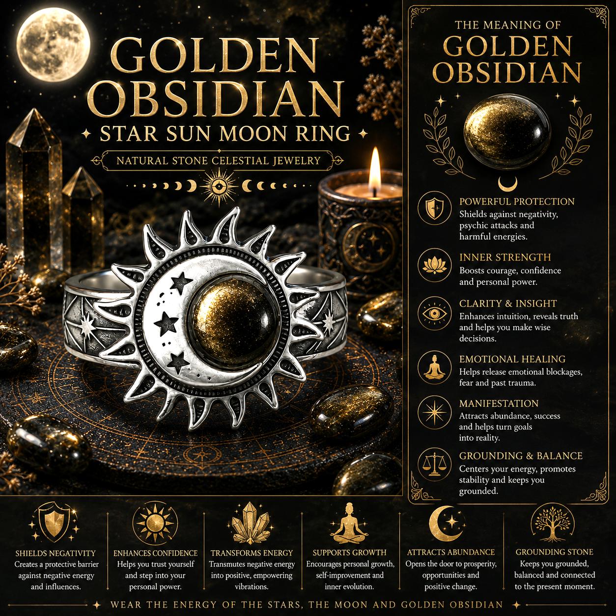 Star sun moon ring with celestial design and descriptive text on a dark background