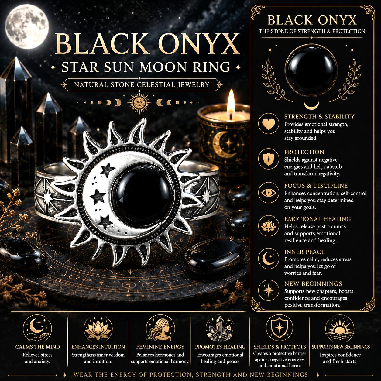 Black Onyx Star Sun Moon Ring with celestial design elements on a dark background