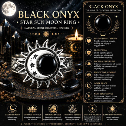 Black Onyx Star Sun Moon Ring with celestial design elements on a dark background