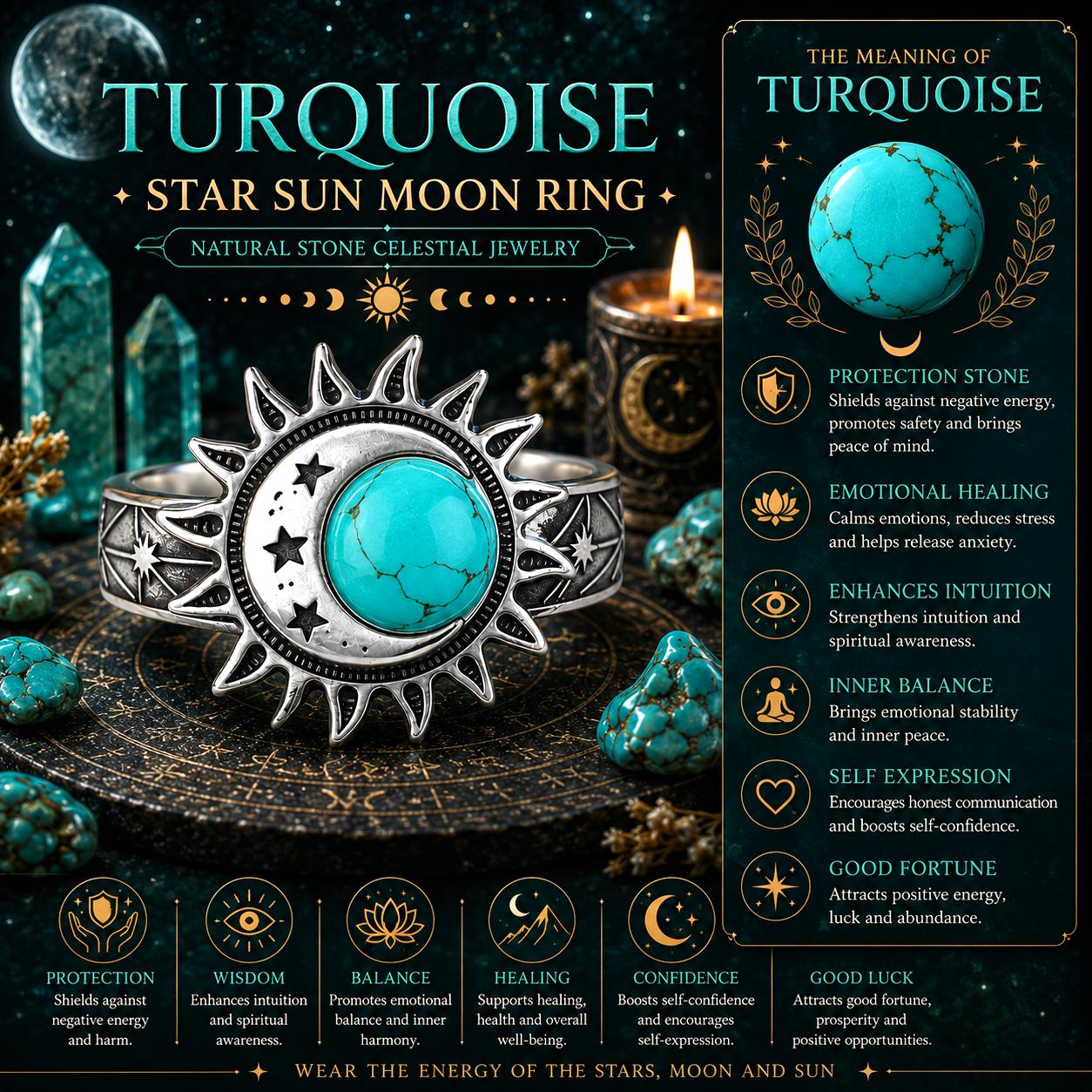 Turquoise star sun moon ring with celestial jewelry theme and information panel.