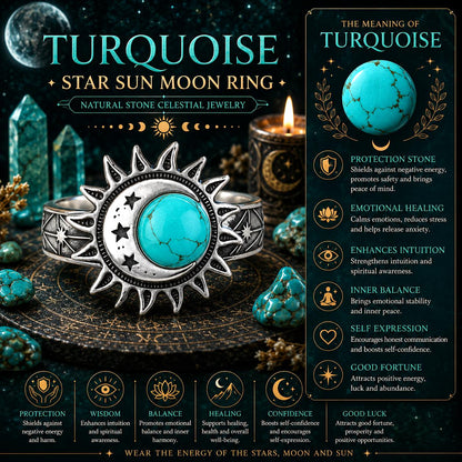 Turquoise star sun moon ring with celestial jewelry theme and information panel.