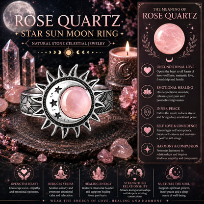 Rose Quartz Star Sun Moon Ring with celestial jewelry theme, crystals, and candle.