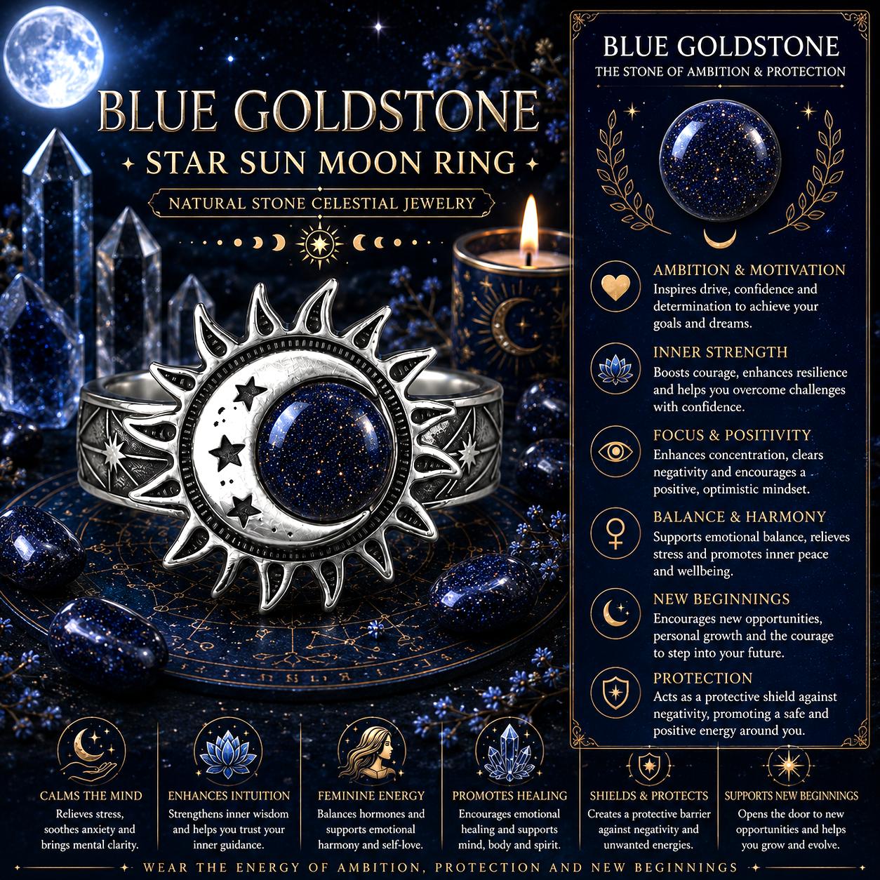 Blue Goldstone star sun moon ring with celestial design elements on a dark background