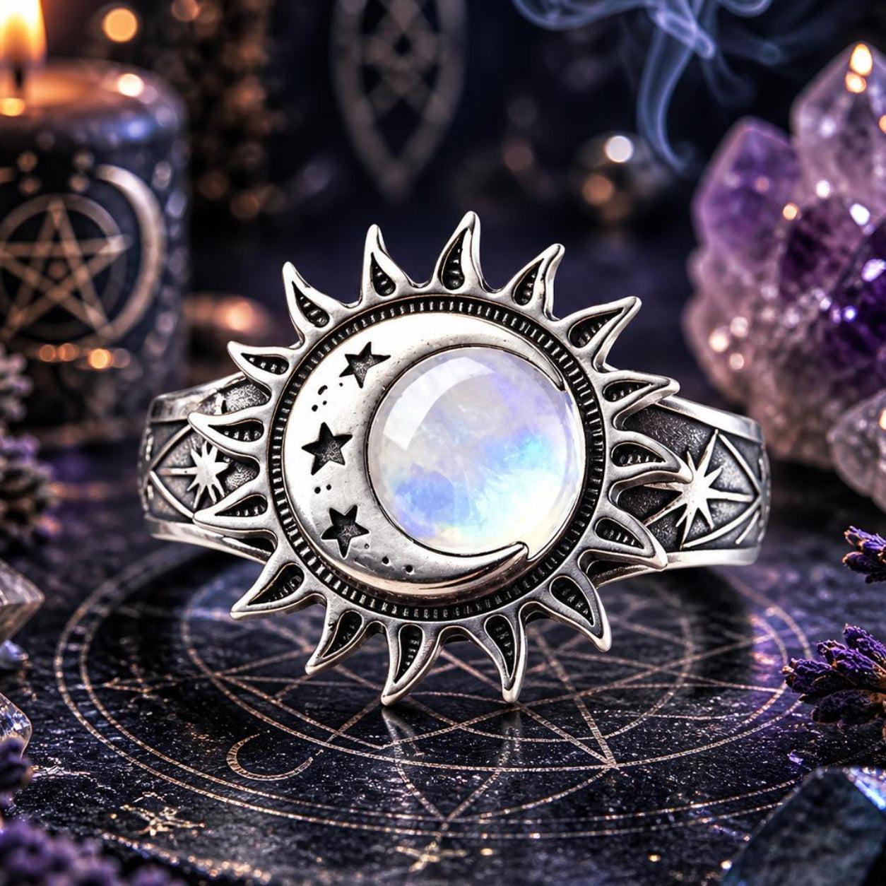 925 silver moonstone bohemian sun moon ring with celestial stars, surrounded by mystical elements.