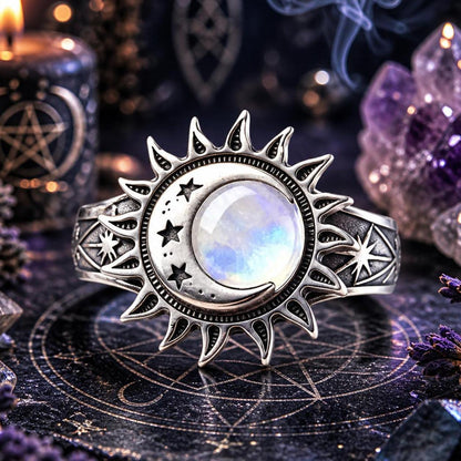 925 silver moonstone bohemian sun moon ring with celestial stars, surrounded by mystical elements.