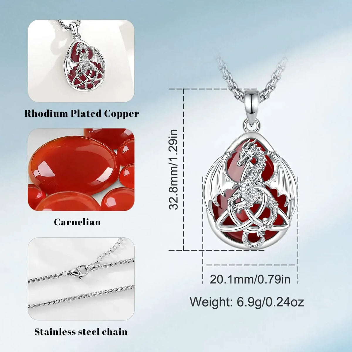 Carnelian dragon pendant specification chart showing rhodium-plated copper, dimensions and weight
