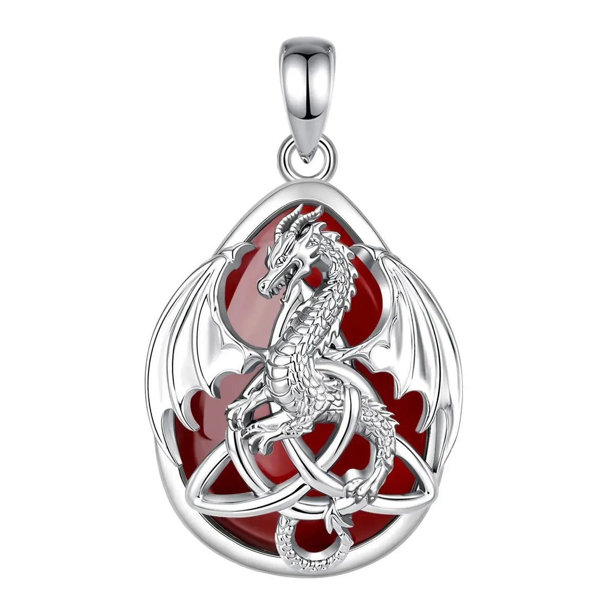 Carnelian dragon pendant without chain showing open wings and interlacing Celtic knotwork