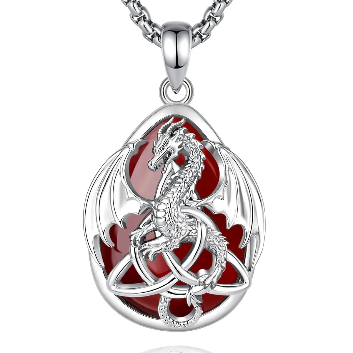 Carnelian dragon necklace with winged metalwork and Celtic knot detail on white background
