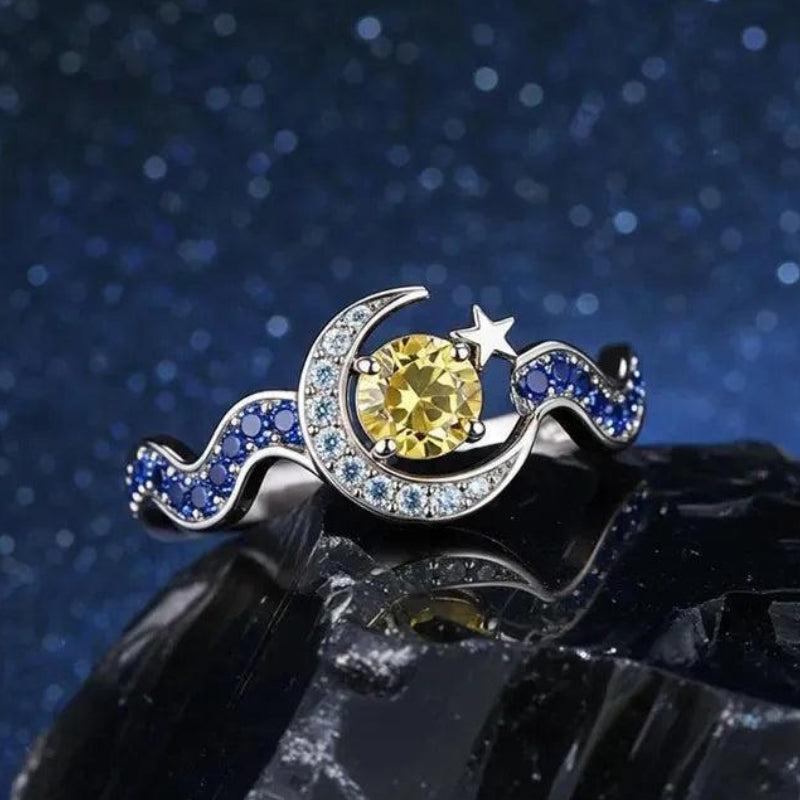 925 Silver Celestial Moon and Star Crystal Ring-MoonChildWorld