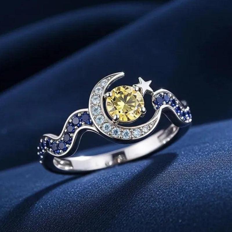 925 Silver Celestial Moon and Star Crystal Ring-MoonChildWorld