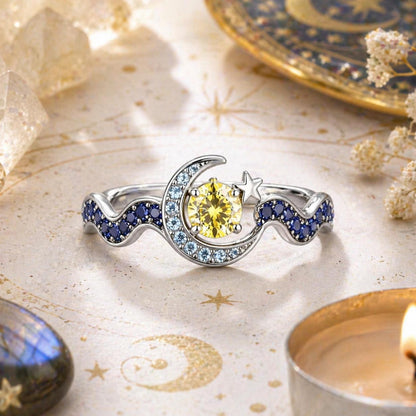 925 Silver Celestial Moon and Star Crystal Ring-MoonChildWorld