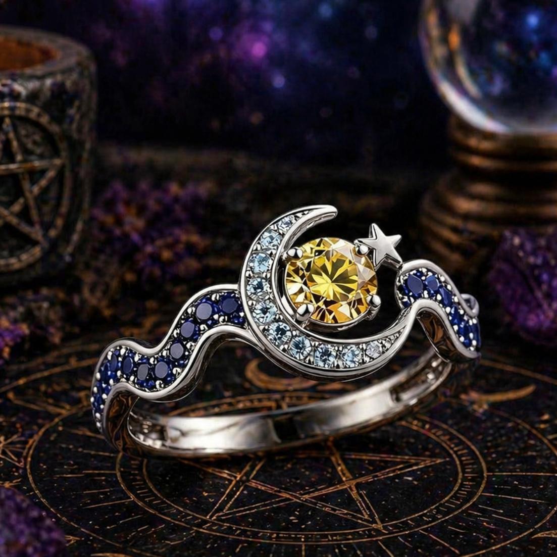 925 Silver Celestial Moon and Star Crystal Ring-MoonChildWorld