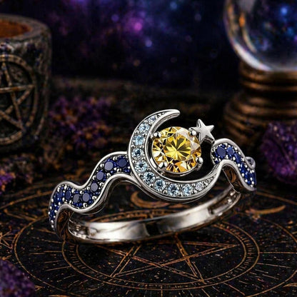 925 Silver Celestial Moon and Star Crystal Ring-MoonChildWorld