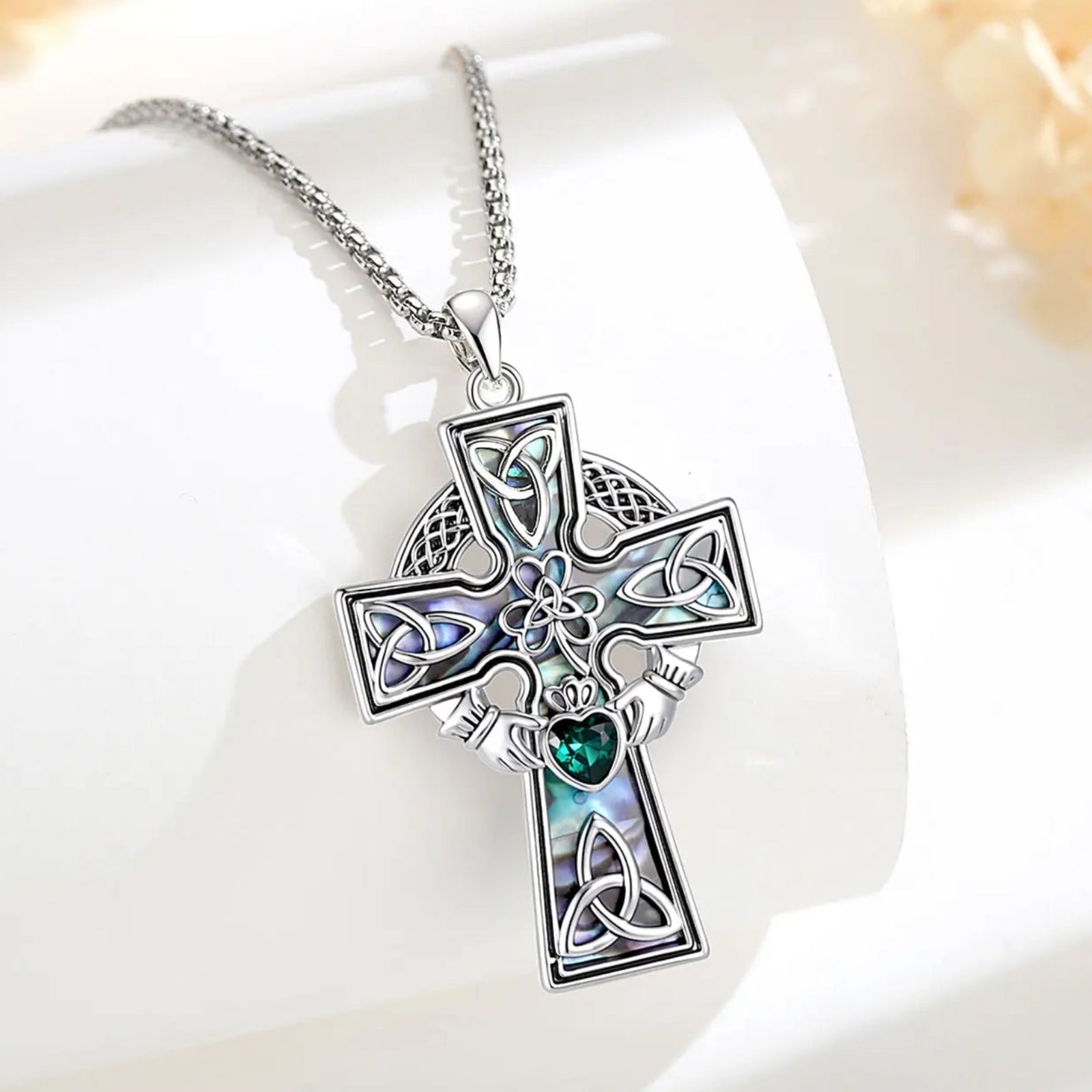 Celtic Claddagh cross necklace worn – abalone shell Irish Pagan faith jewellery with box chain