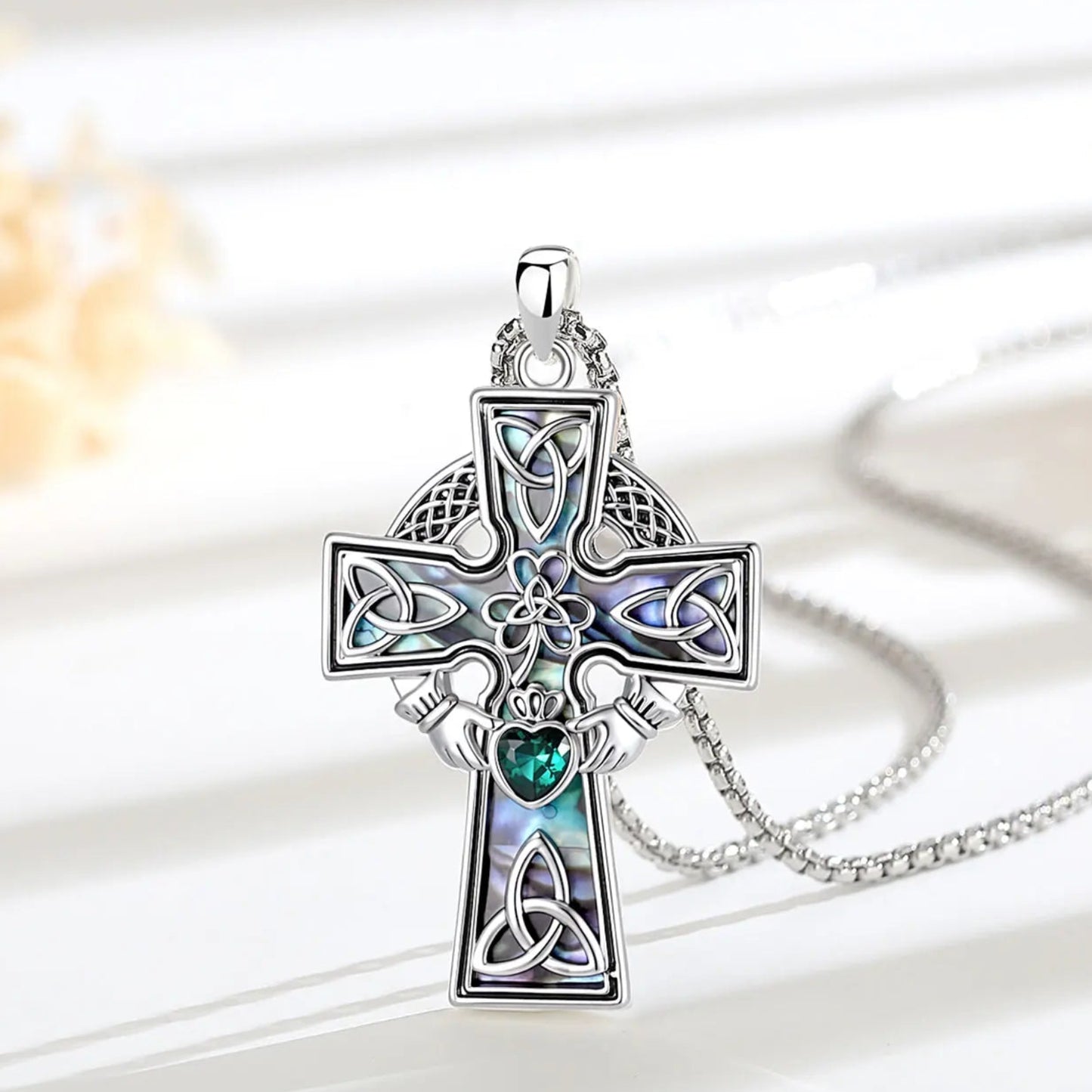 Irish Celtic cross Claddagh pendant detail – natural abalone green CZ spiritual unisex necklace