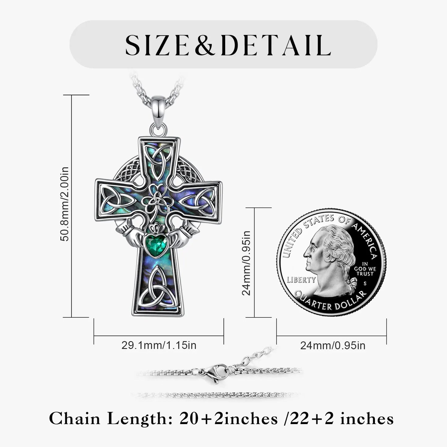 Claddagh Celtic cross pendant close-up abalone shell green zircon – unisex Irish heritage spiritual jewellery