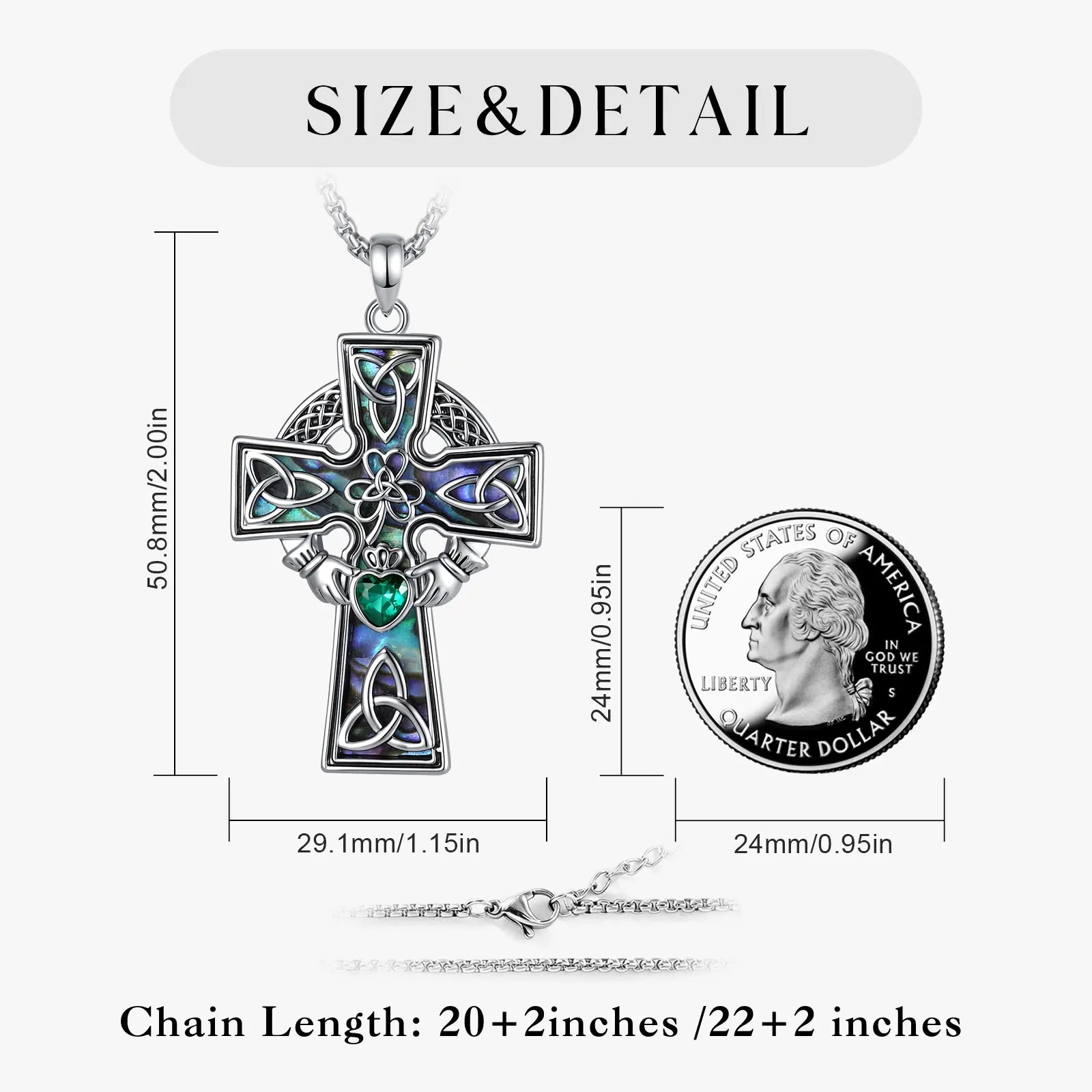 Claddagh Celtic cross pendant close-up abalone shell green zircon – unisex Irish heritage spiritual jewellery