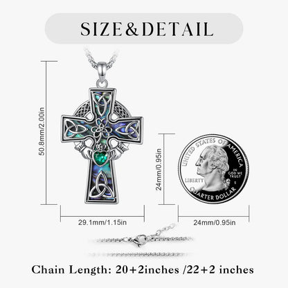Claddagh Celtic cross pendant close-up abalone shell green zircon – unisex Irish heritage spiritual jewellery