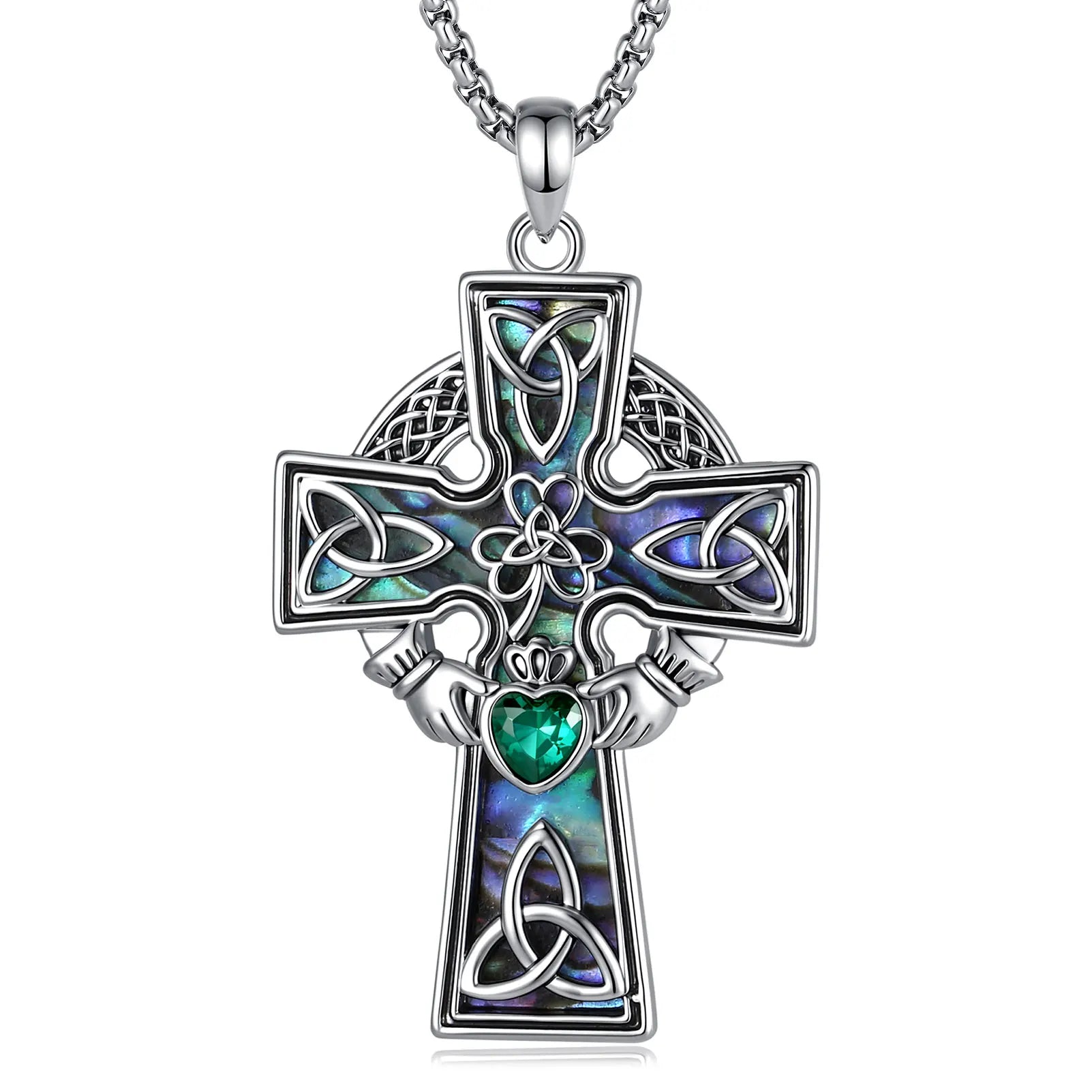 Celtic Claddagh cross necklace with natural abalone shell and green CZ – Irish Pagan spiritual pendant