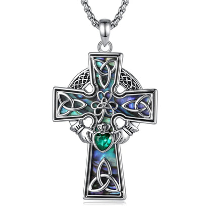 Celtic Claddagh cross necklace with natural abalone shell and green CZ – Irish Pagan spiritual pendant