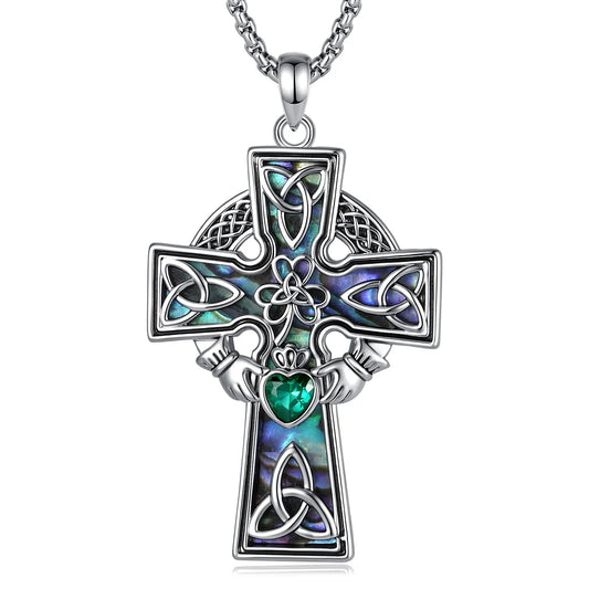 Celtic Claddagh cross necklace with natural abalone shell and green CZ – Irish Pagan spiritual pendant