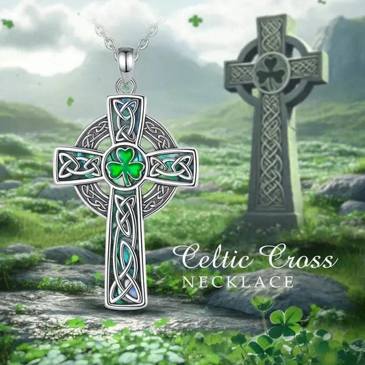 925 Silver Celtic Cross Necklace Abalone Shell Four Leaf Clover Pendant Pagan Jewelry-MoonChildWorld