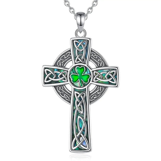 925 Silver Celtic Cross Necklace Abalone Shell Four Leaf Clover Pendant Pagan Jewelry-MoonChildWorld