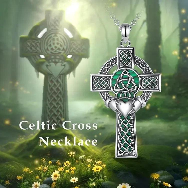 925 Silver Celtic Cross Necklace Malachite Crown Heart Cross Pendant Pagan Jewelry-MoonChildWorld