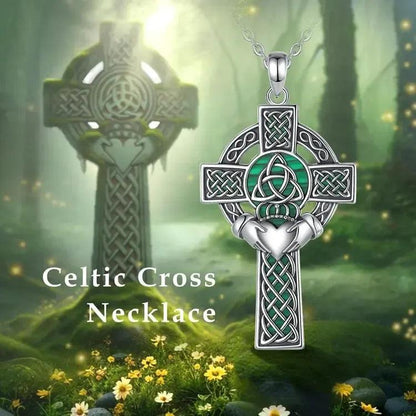 925 Silver Celtic Cross Necklace Malachite Crown Heart Cross Pendant Pagan Jewelry-MoonChildWorld
