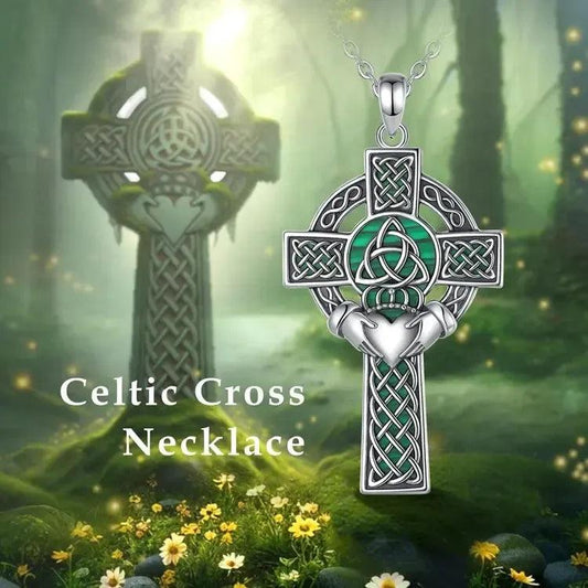 925 Silver Celtic Cross Necklace Malachite Crown Heart Cross Pendant Pagan Jewelry-MoonChildWorld