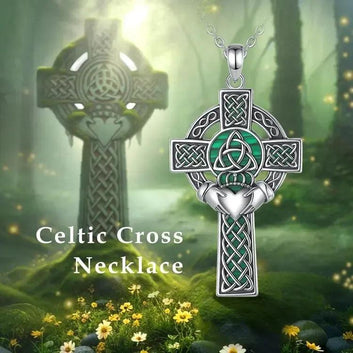 925 Silver Celtic Cross Necklace Malachite Crown Heart Cross Pendant Pagan Jewelry-MoonChildWorld