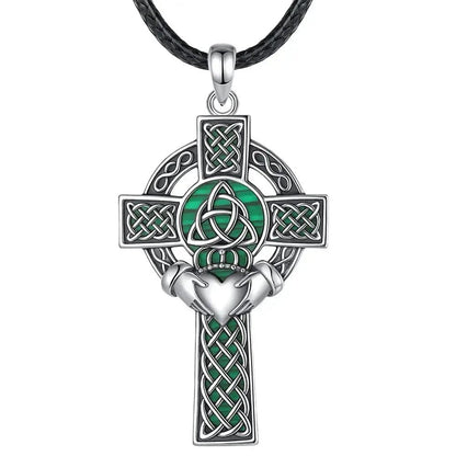 925 Silver Celtic Cross Necklace Malachite Crown Heart Cross Pendant Pagan Jewelry-MoonChildWorld