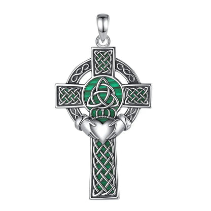 925 Silver Celtic Cross Necklace Malachite Crown Heart Cross Pendant Pagan Jewelry-MoonChildWorld