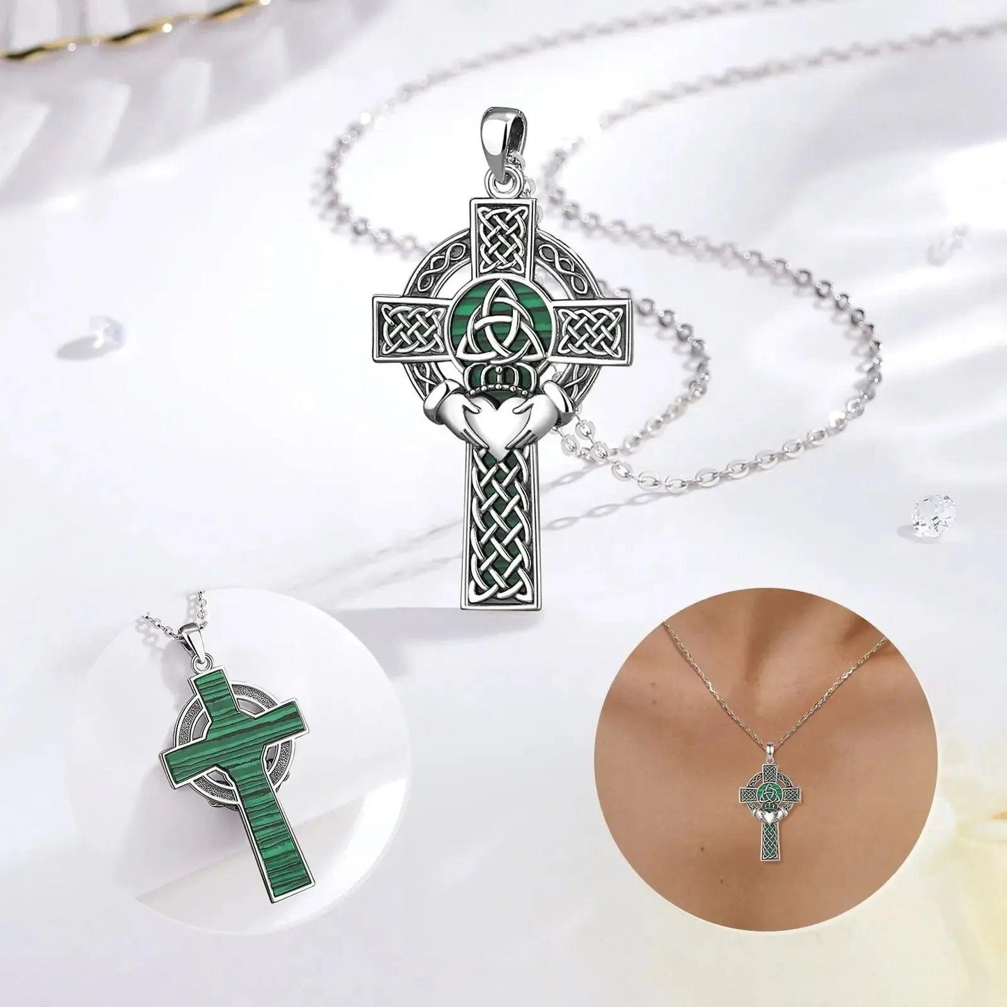 925 Silver Celtic Cross Necklace Malachite Crown Heart Cross Pendant Pagan Jewelry-MoonChildWorld
