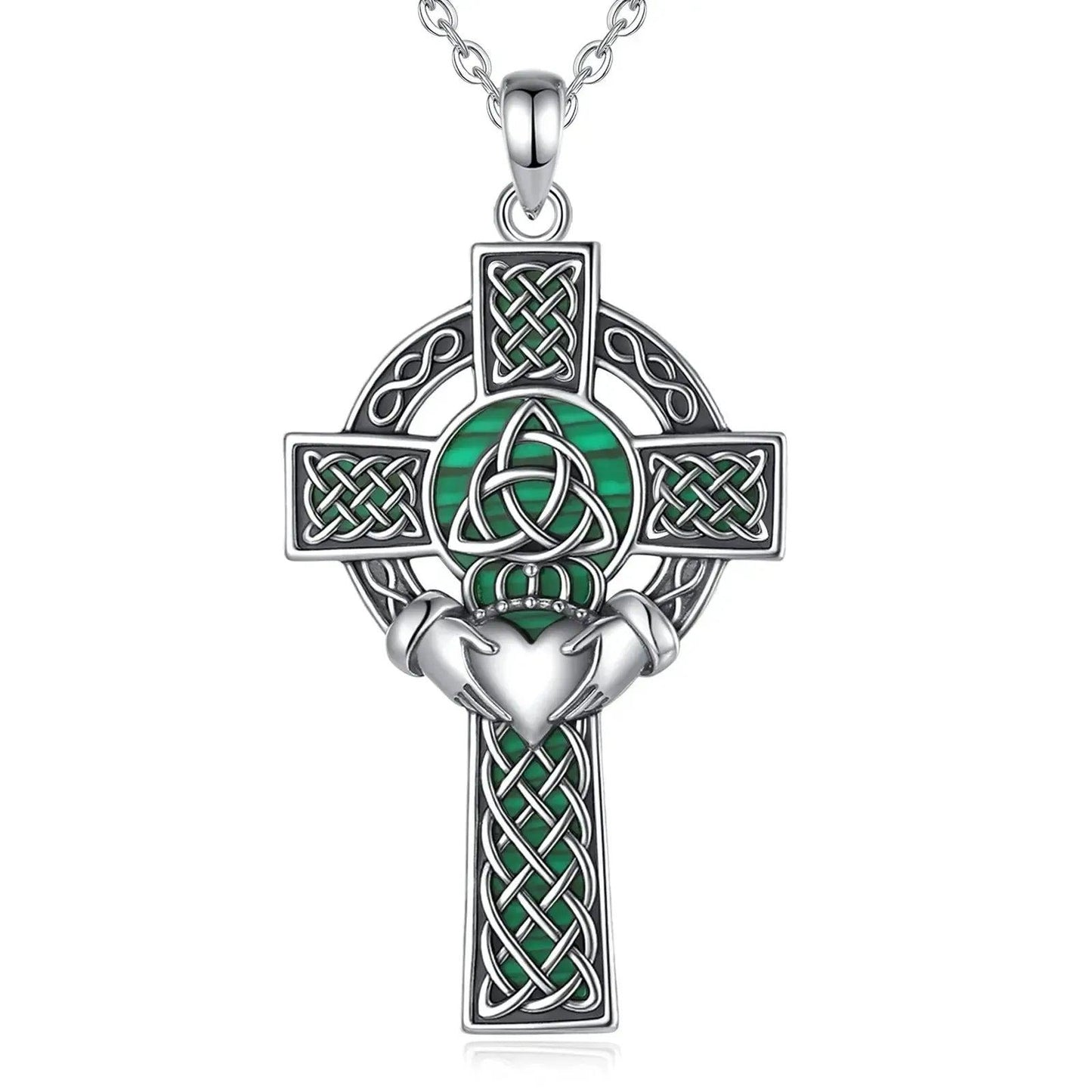925 Silver Celtic Cross Necklace Malachite Crown Heart Cross Pendant Pagan Jewelry-MoonChildWorld
