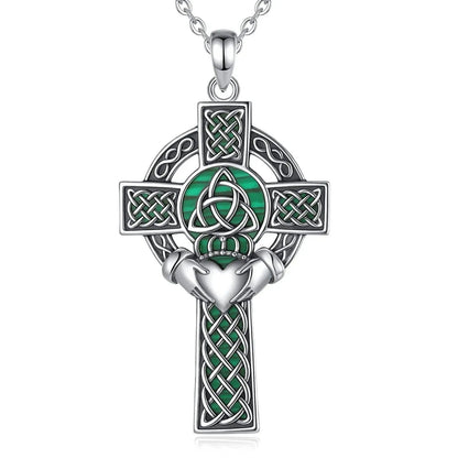 925 Silver Celtic Cross Necklace Malachite Crown Heart Cross Pendant Pagan Jewelry-MoonChildWorld