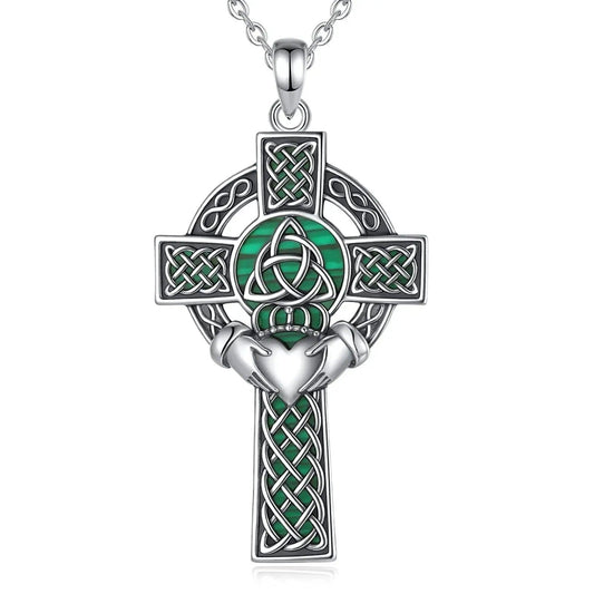 925 Silver Celtic Cross Necklace Malachite Crown Heart Cross Pendant Pagan Jewelry-MoonChildWorld