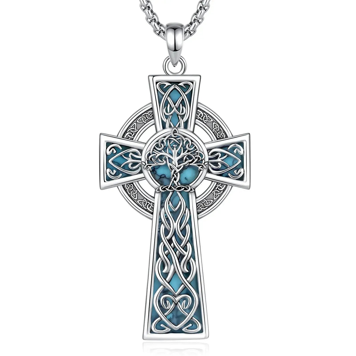 Cross pendant with turquoise-colored center and inlay