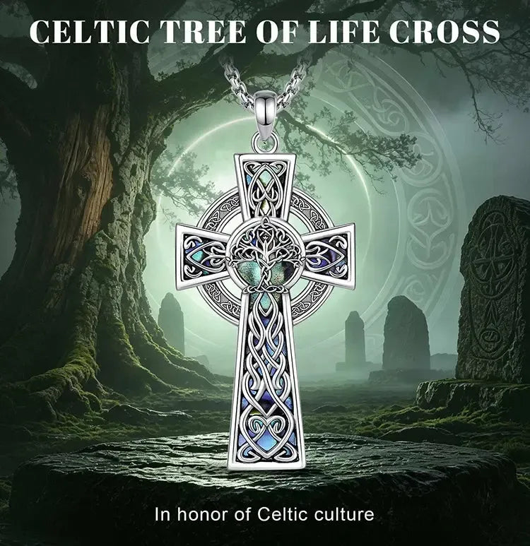 Celtic Tree of Life cross on a forest background