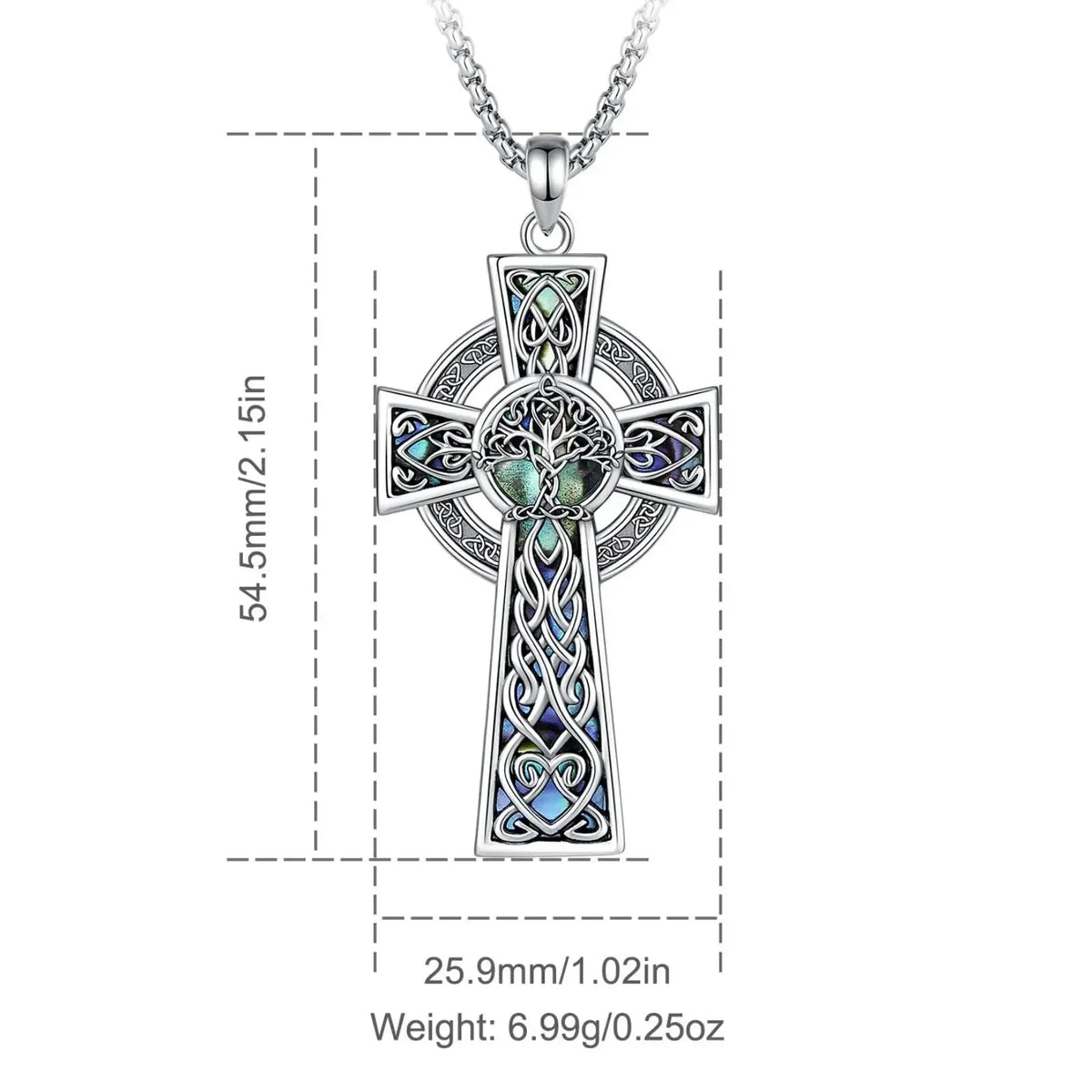 Celtic cross pendant size diagram, 54.5 by 25.9 mm