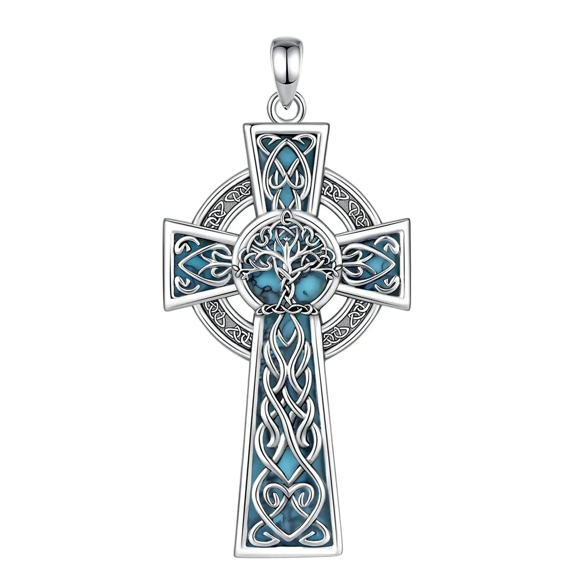 Close view of turquoise-colored Tree of Life cross
