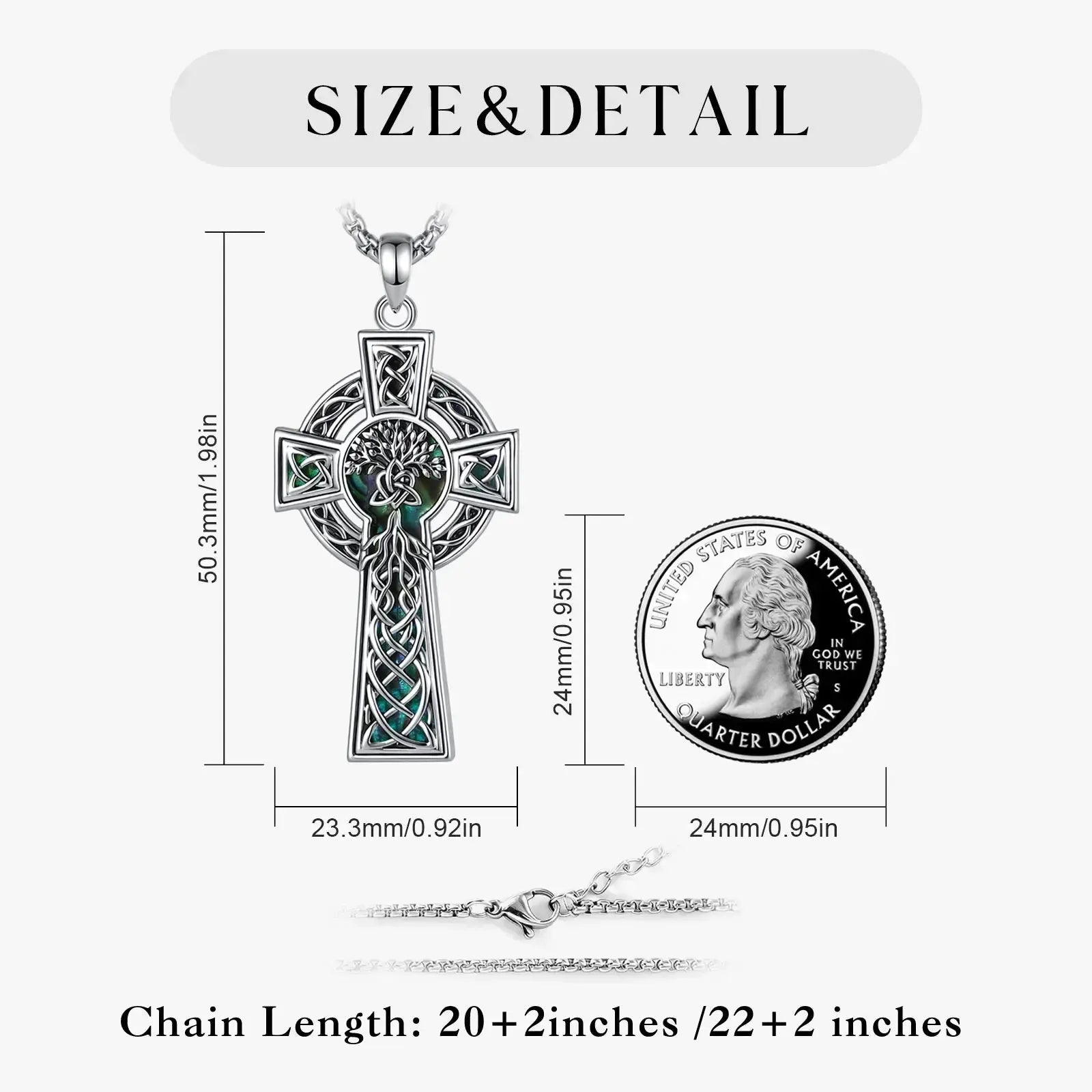 Celtic Tree of Life Cross Necklace – close-up of abalone shell pendant