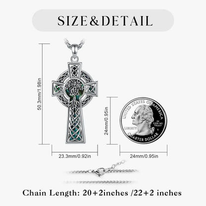 Celtic Tree of Life Cross Necklace – close-up of abalone shell pendant