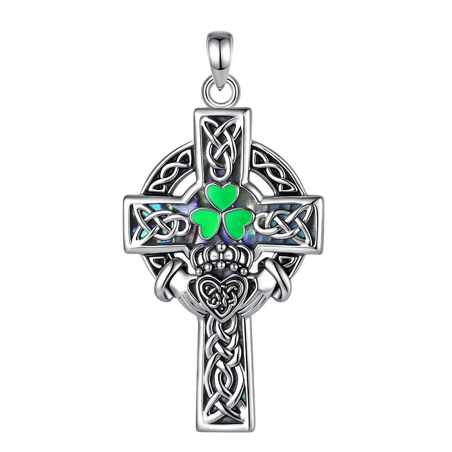 Eudora Copper Claddagh Celtic Cross Necklace for Men Women Abalone Shell Clover Pendant Amulet Religious Jewelry Festival Gift-MoonChildWorld