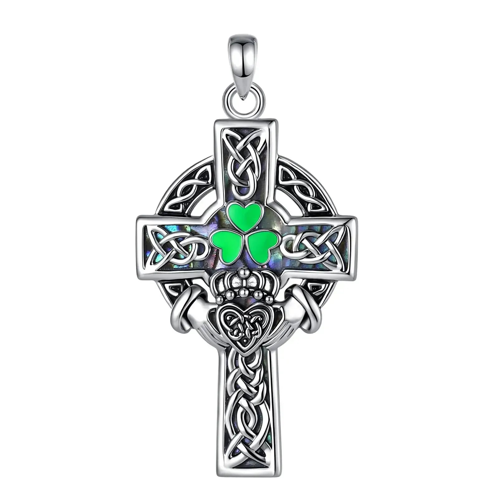 Eudora Copper Claddagh Celtic Cross Necklace for Men Women Abalone Shell Clover Pendant Amulet Religious Jewelry Festival Gift-MoonChildWorld