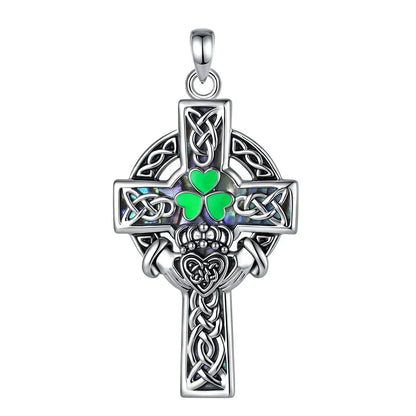 Eudora Copper Claddagh Celtic Cross Necklace for Men Women Abalone Shell Clover Pendant Amulet Religious Jewelry Festival Gift-MoonChildWorld