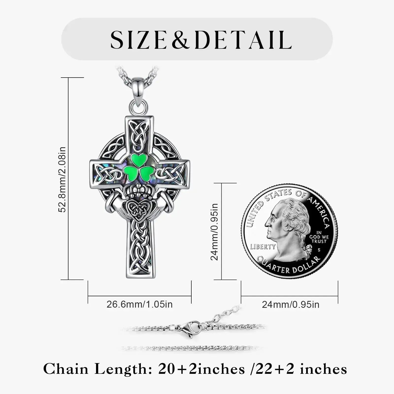 Claddagh Celtic Cross Necklace – close-up of abalone shell pendant
