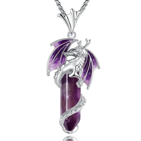 925 silver flying dragon amethyst necklace pendant on dark background – spiritual Pagan jewelry